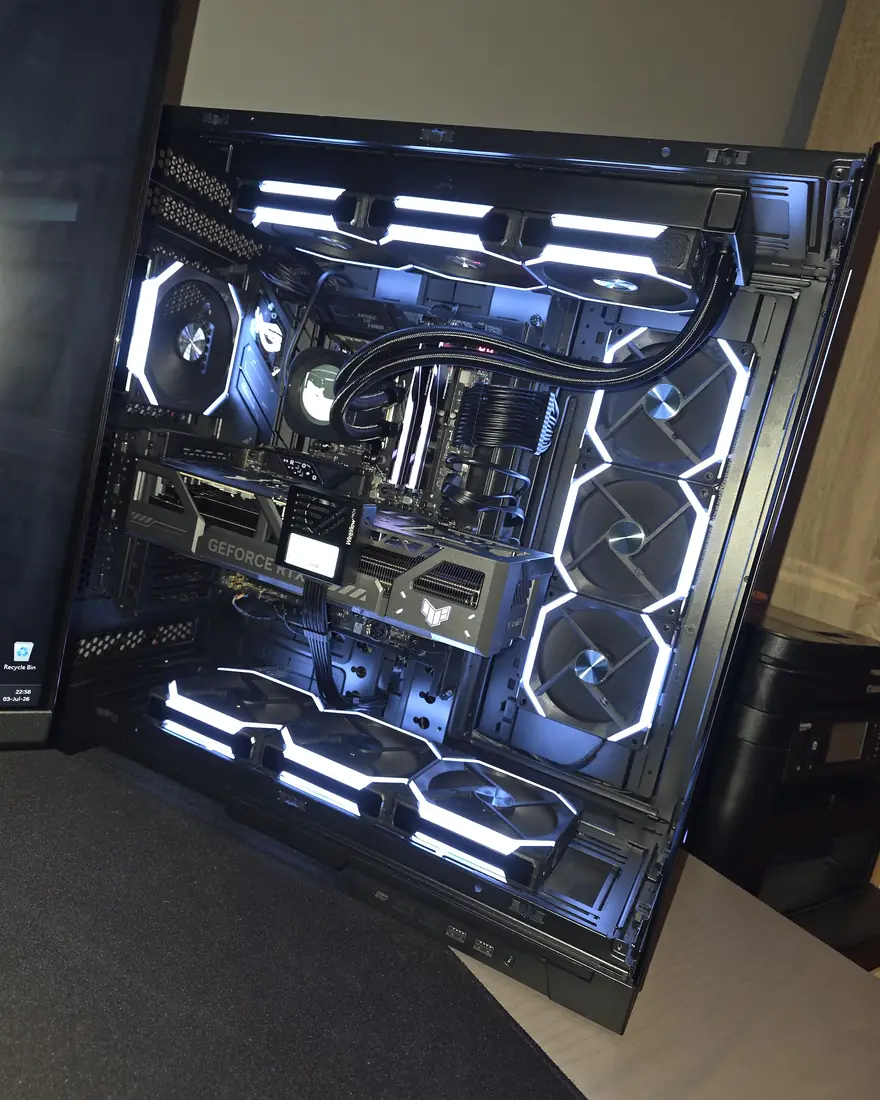 Finished custom PC build with white fan lighting