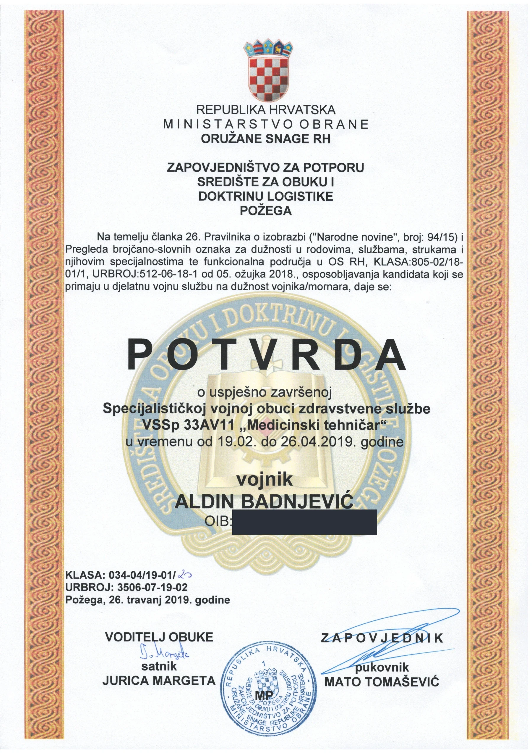 Certificate of completed specialist military medical training, 2019