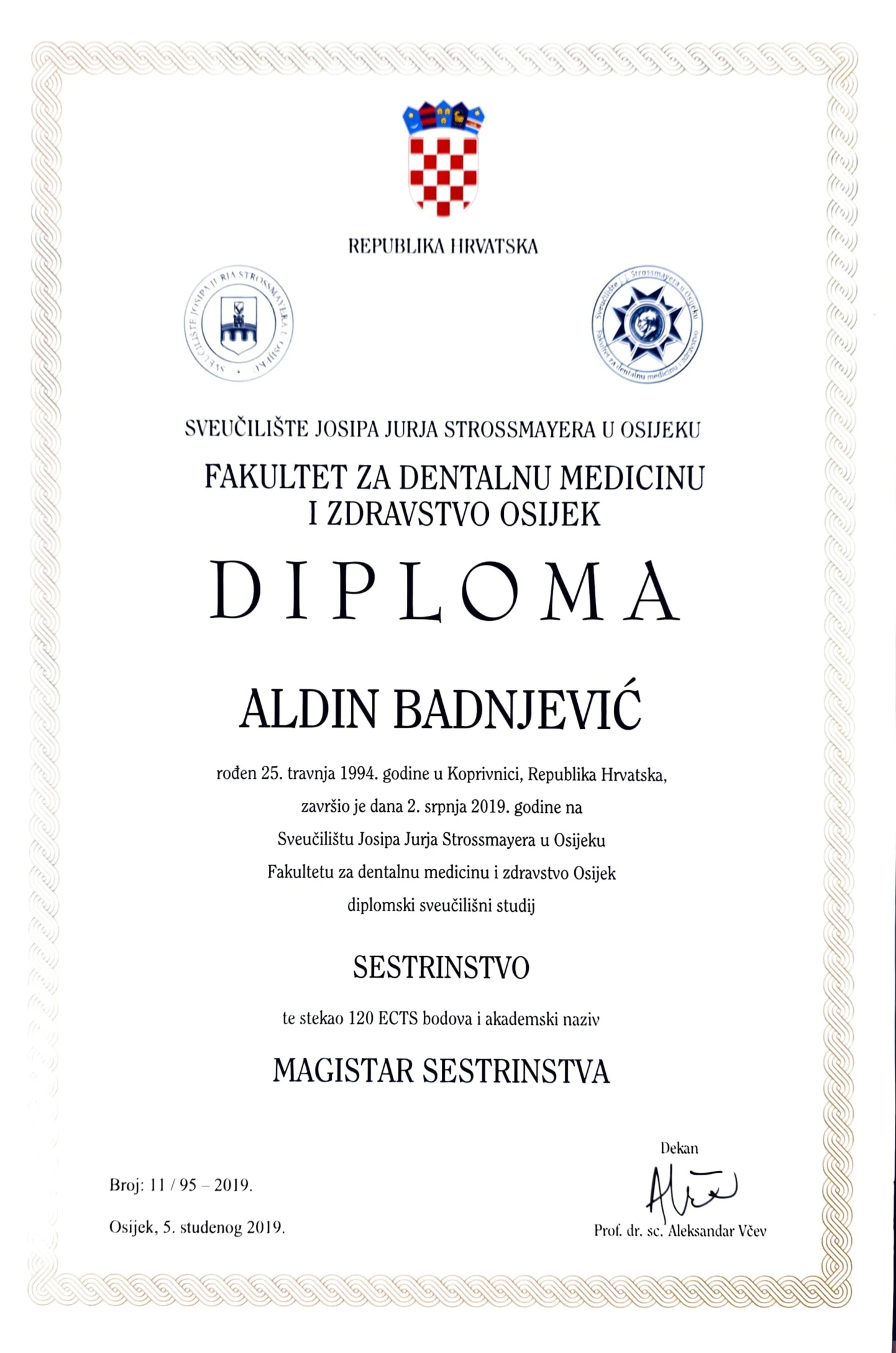 Diploma, Master of Science in Nursing, Faculty of Dental Medicine and Health Osijek, 2019
