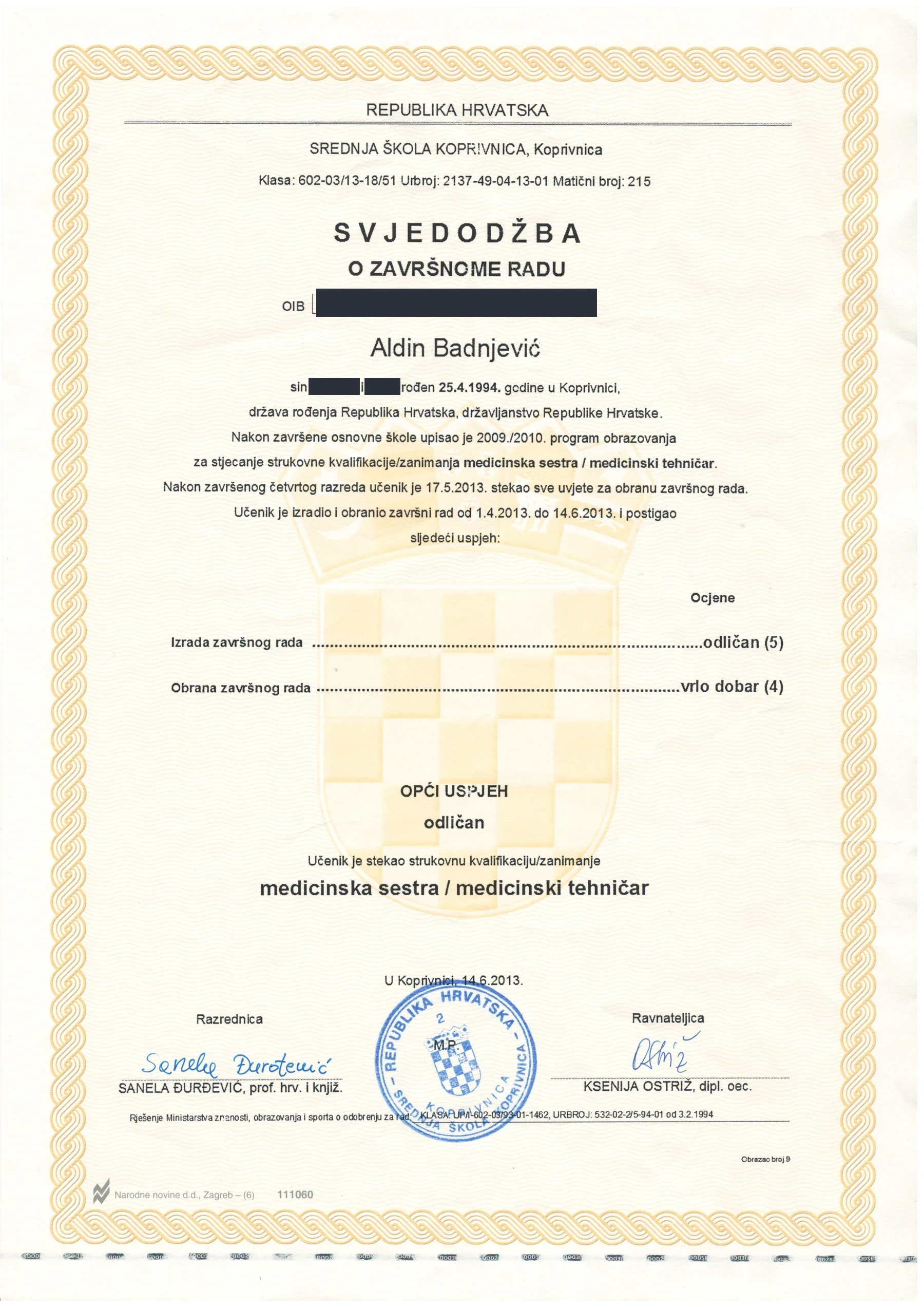 Secondary school final certificate, medical technician, Koprivnica, 2013