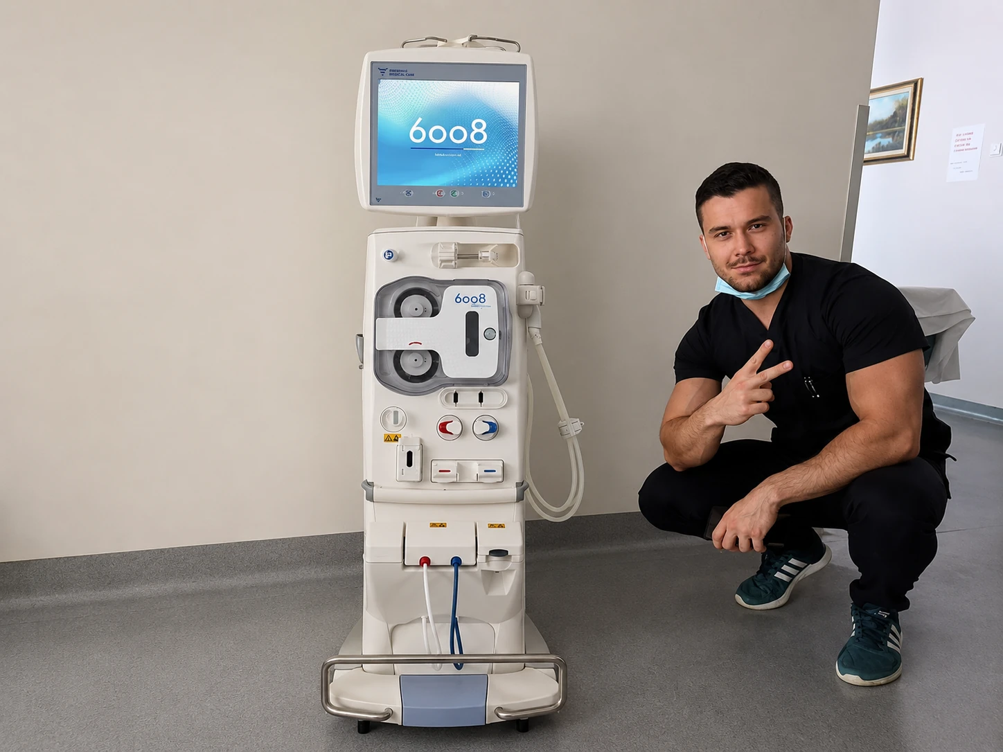 Aldin Badnjević in scrubs beside a Fresenius 6008 hemodialysis machine on the ward